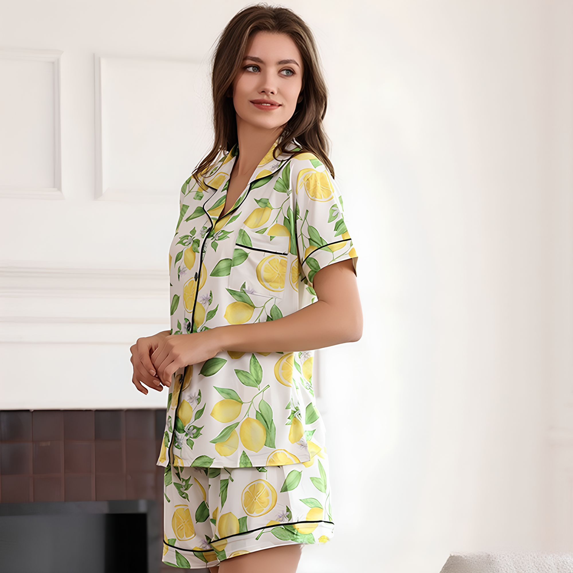 Kurzärmliges Pyjama-Set mit Shorts, Paspelierung und Brusttasche