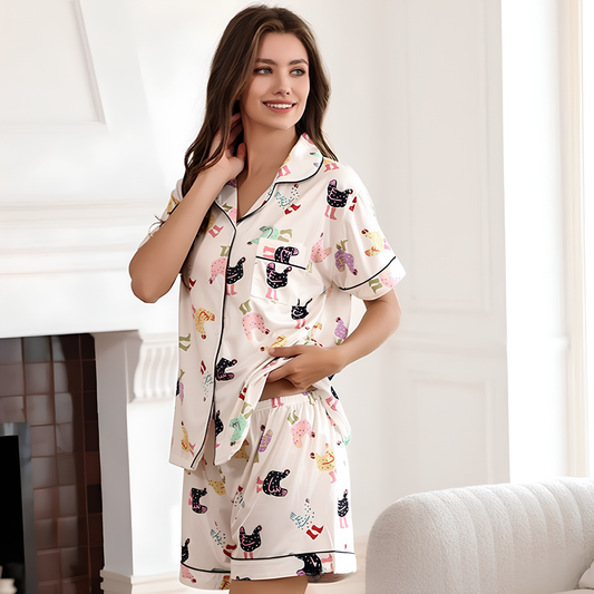 Kurzärmliges Pyjama-Set mit Shorts, Paspelierung und Brusttasche