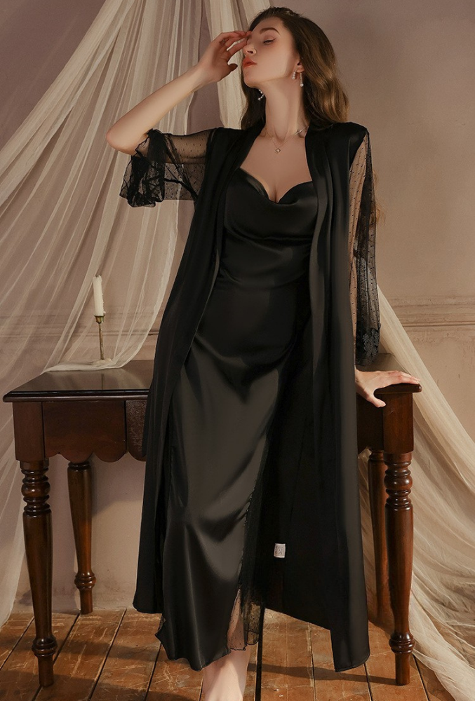 Transparente Details mit Kreuz-Trägern Lange Satin Negligé und Morgenmantel Set