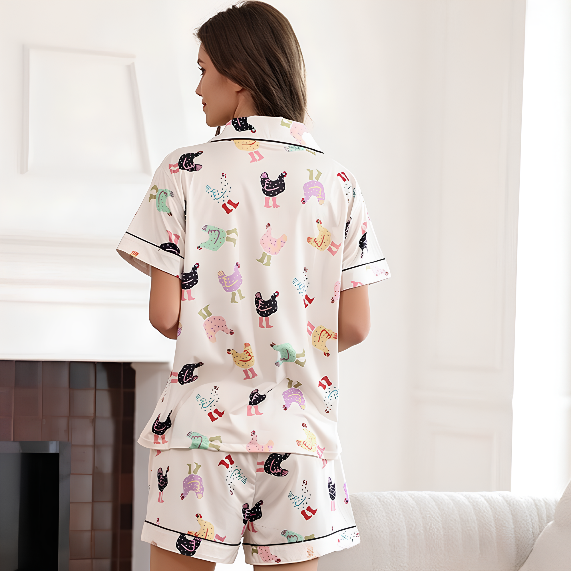 Kurzärmliges Pyjama-Set mit Shorts, Paspelierung und Brusttasche