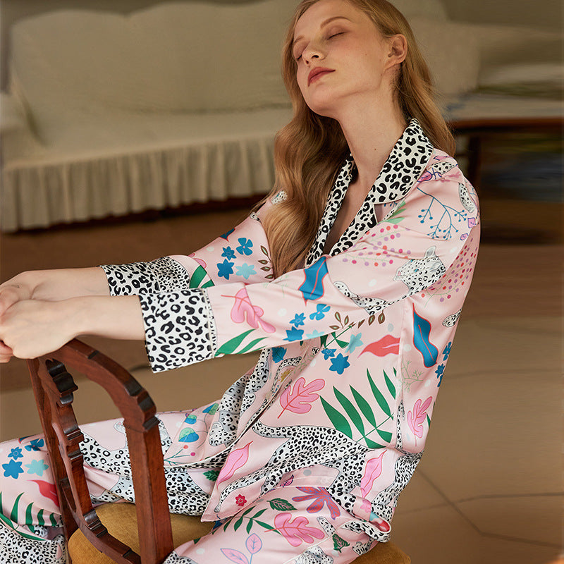 Leopard- und Blumenmuster Mit Taschen Langarm Pyjama-Set