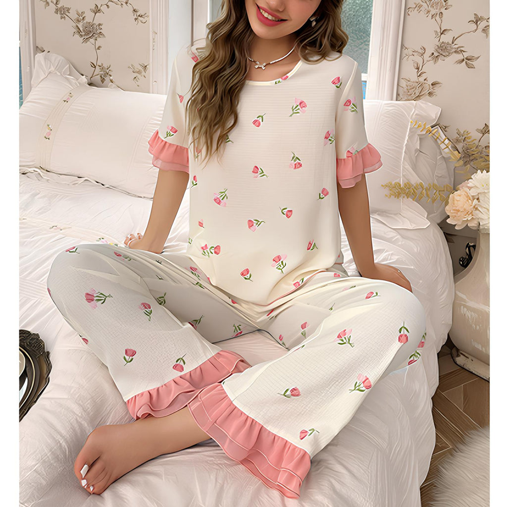 Pocket Detailed Short Sleeve Piping Shorts Pajama Set