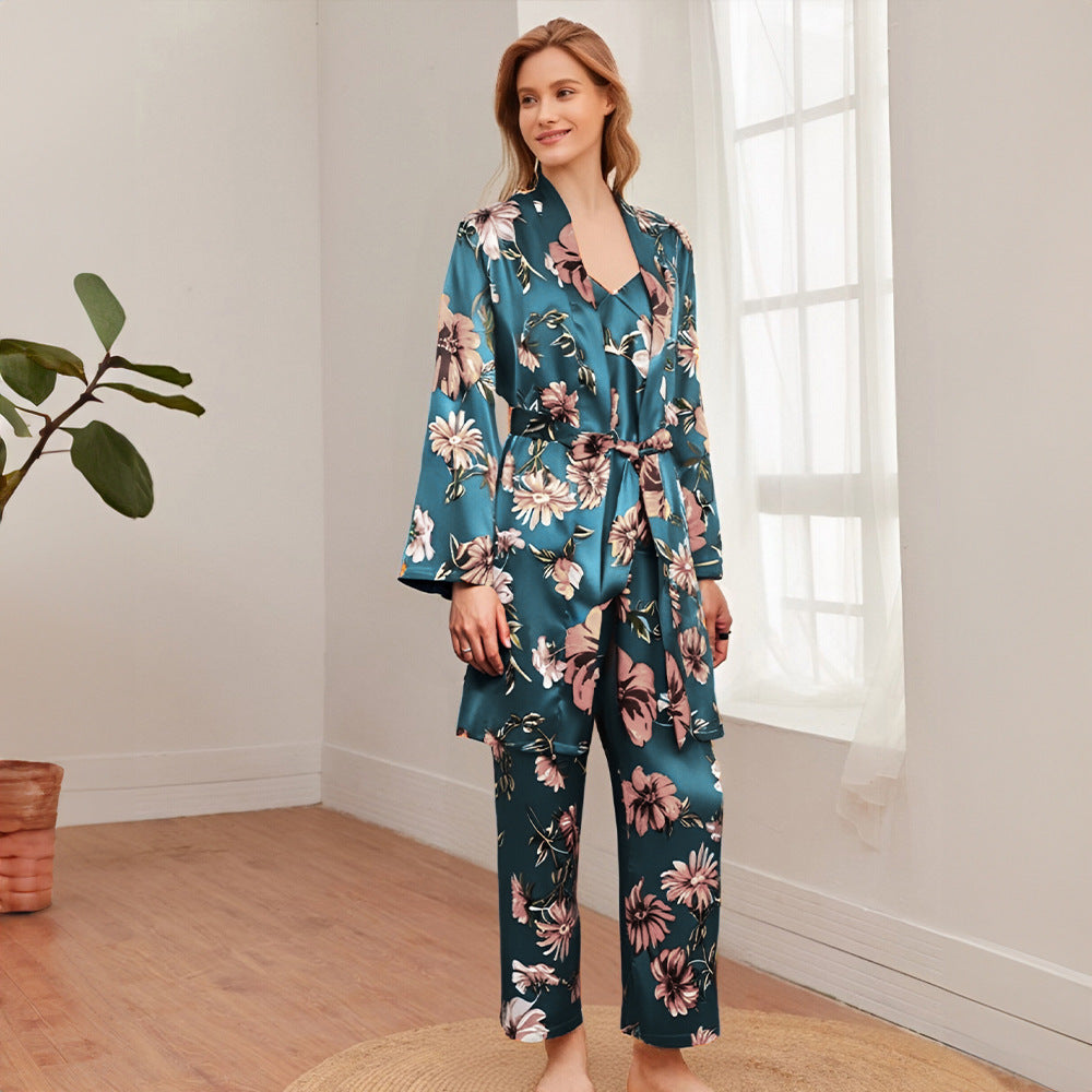 Blumenmuster Pyjama- und Morgenmantel-Set – Türkis 