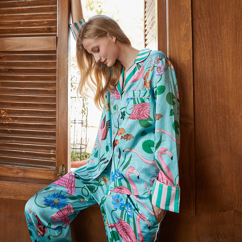 Flamingo-Muster Mit Taschen Langarm Pyjama-Set - Türkis
