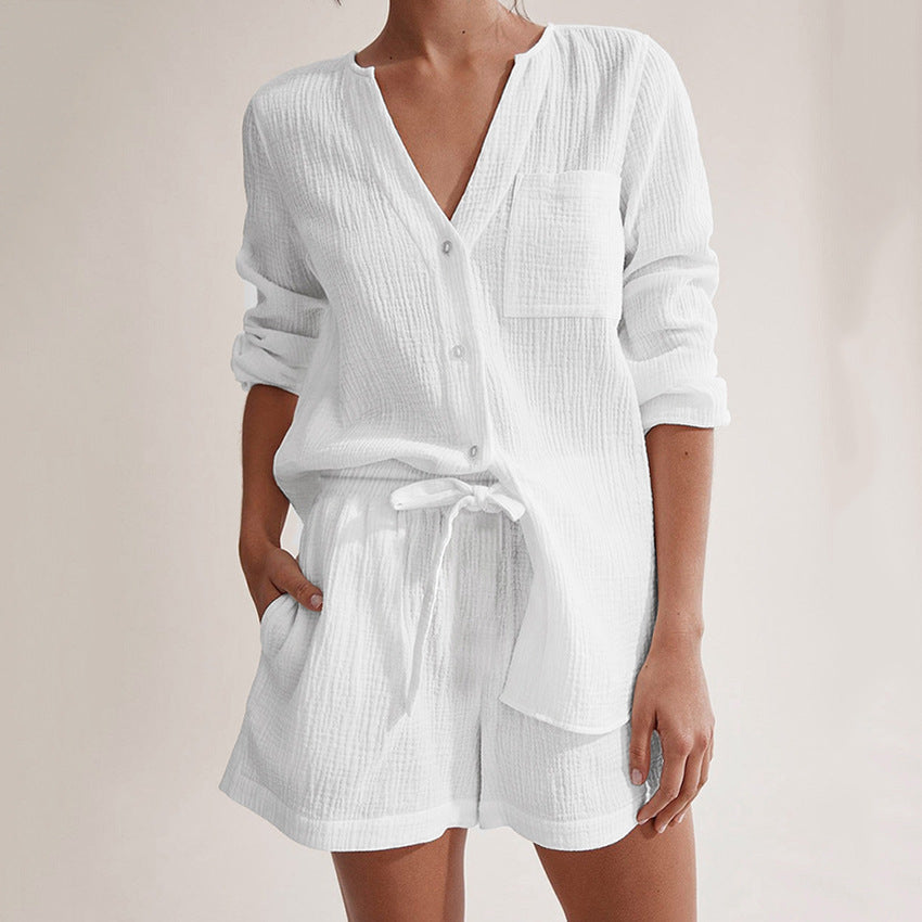 Mit Taschen V-Ausschnitt Leinen-Shorts Pyjama-Set