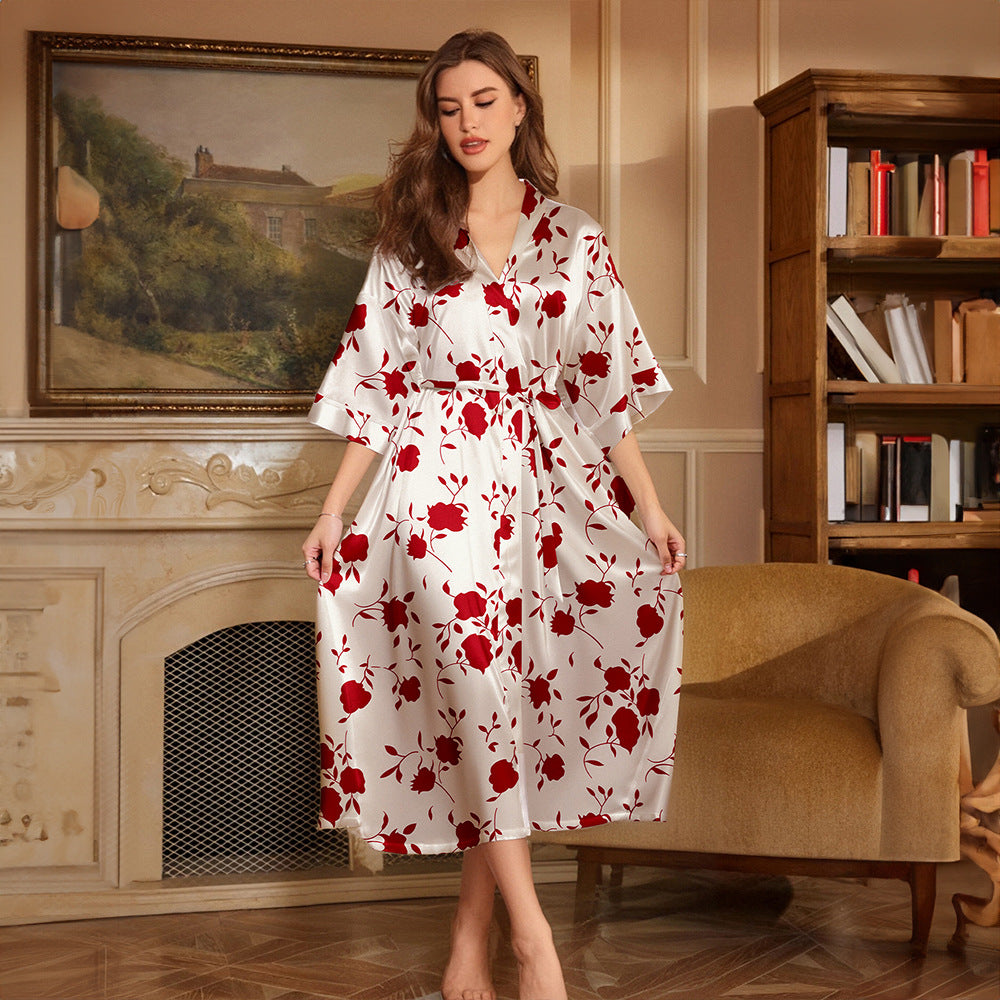 Vestaglia con motivo a rose rosse - Bianco