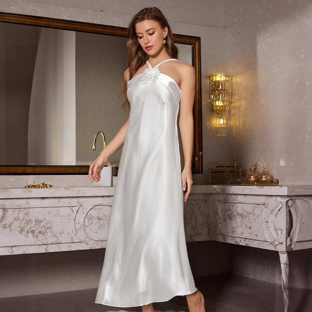Blumenmuster Halter-Nackenkleid – Weiß