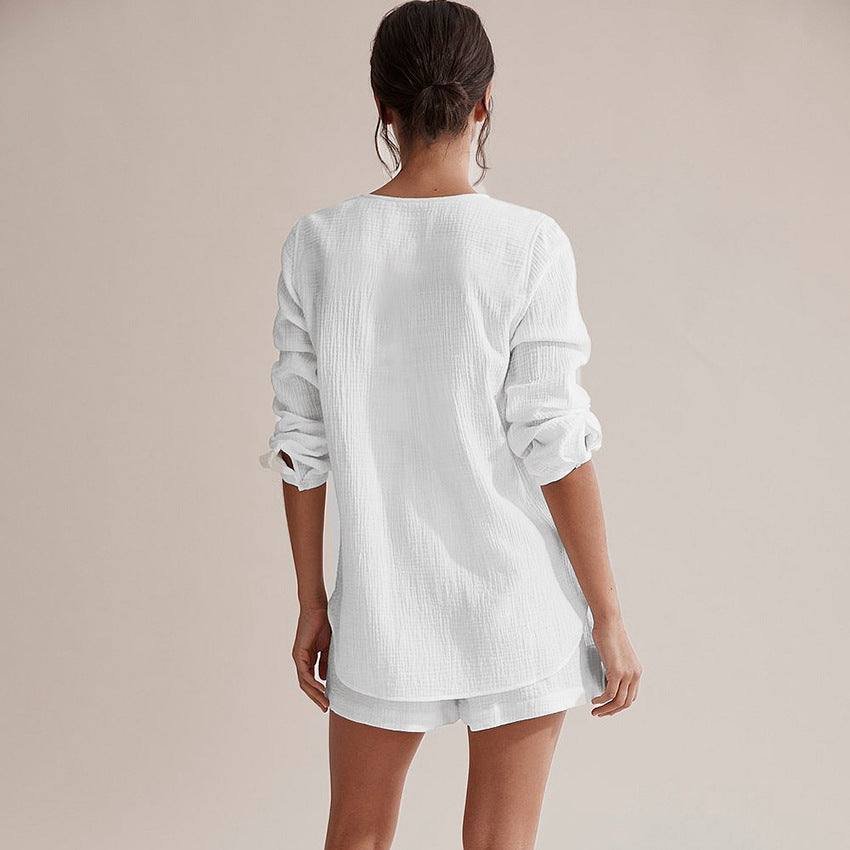 Mit Taschen V-Ausschnitt Leinen-Shorts Pyjama-Set