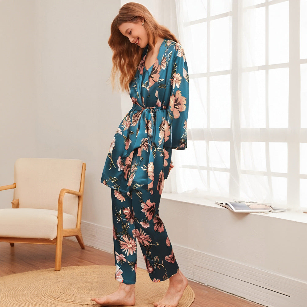 Blumenmuster Pyjama- und Morgenmantel-Set – Türkis 
