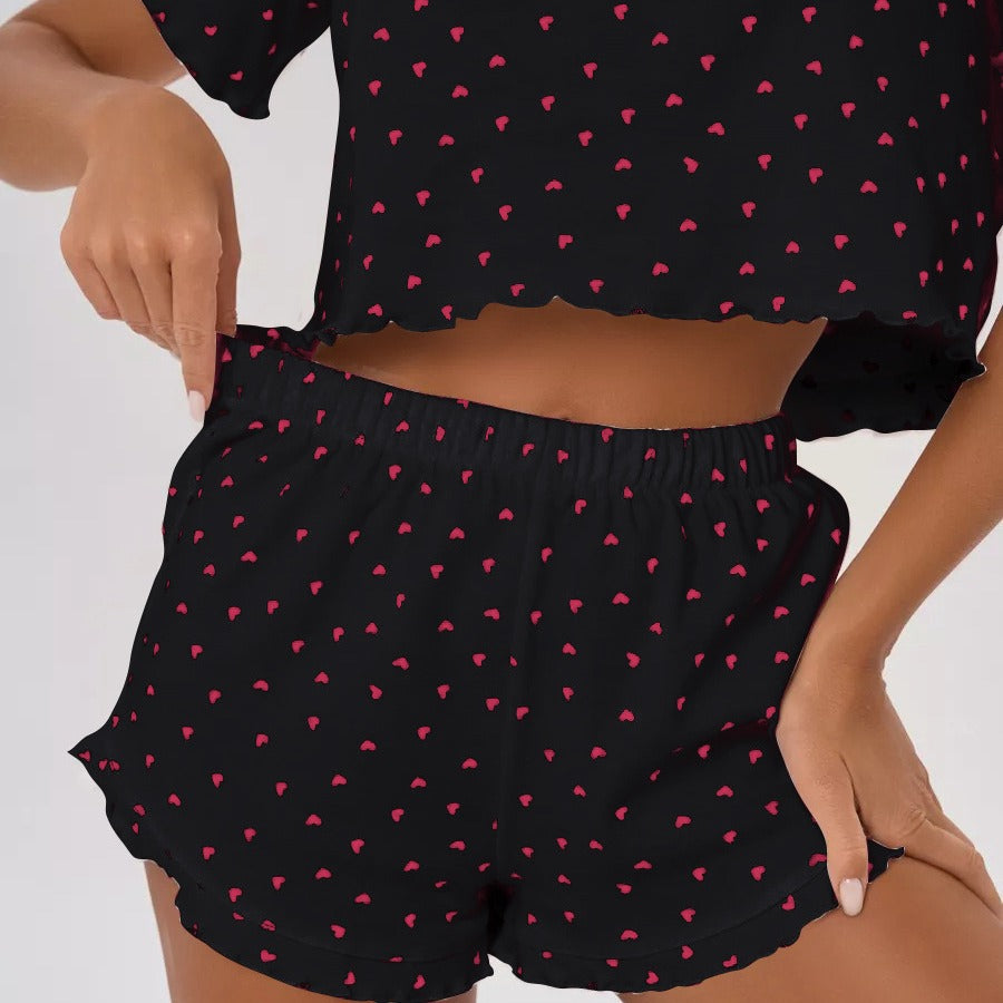 Kurzärmliges Pyjama-Set mit Shorts, Paspelierung und Brusttasche