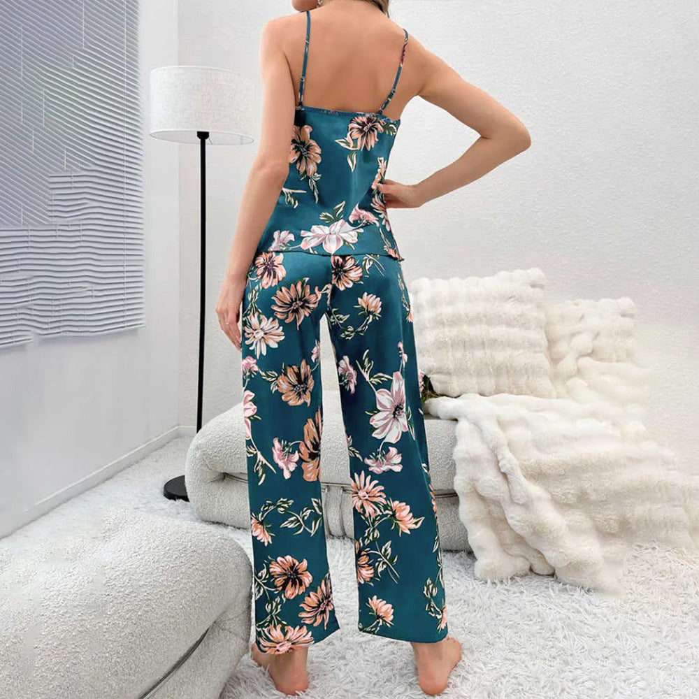 Blumenmuster Pyjama- und Morgenmantel-Set – Türkis 