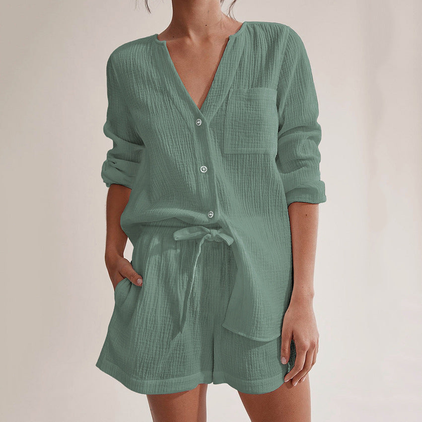 Mit Taschen V-Ausschnitt Leinen-Shorts Pyjama-Set