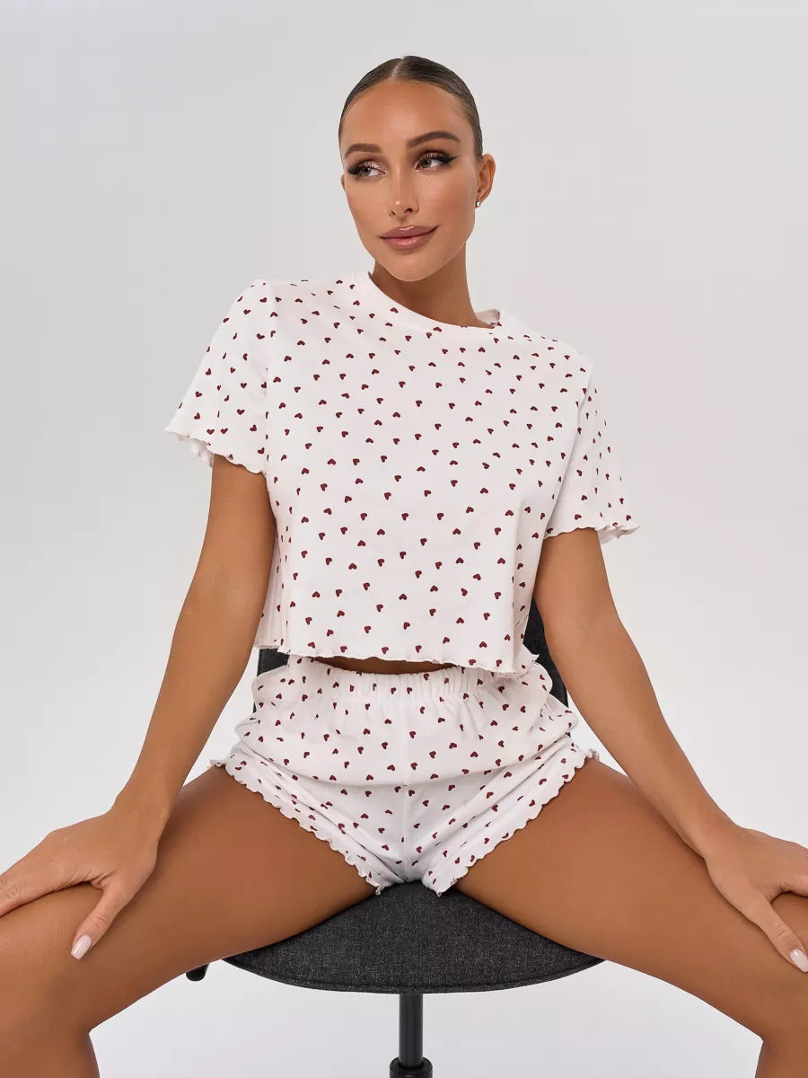 Kurzärmliges Pyjama-Set mit Shorts, Paspelierung und Brusttasche