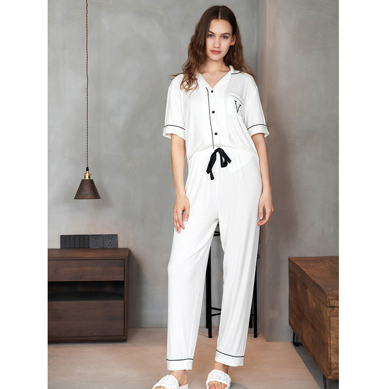 Mit Paspel-Details Halbarmig Knopf Pyjama-Set