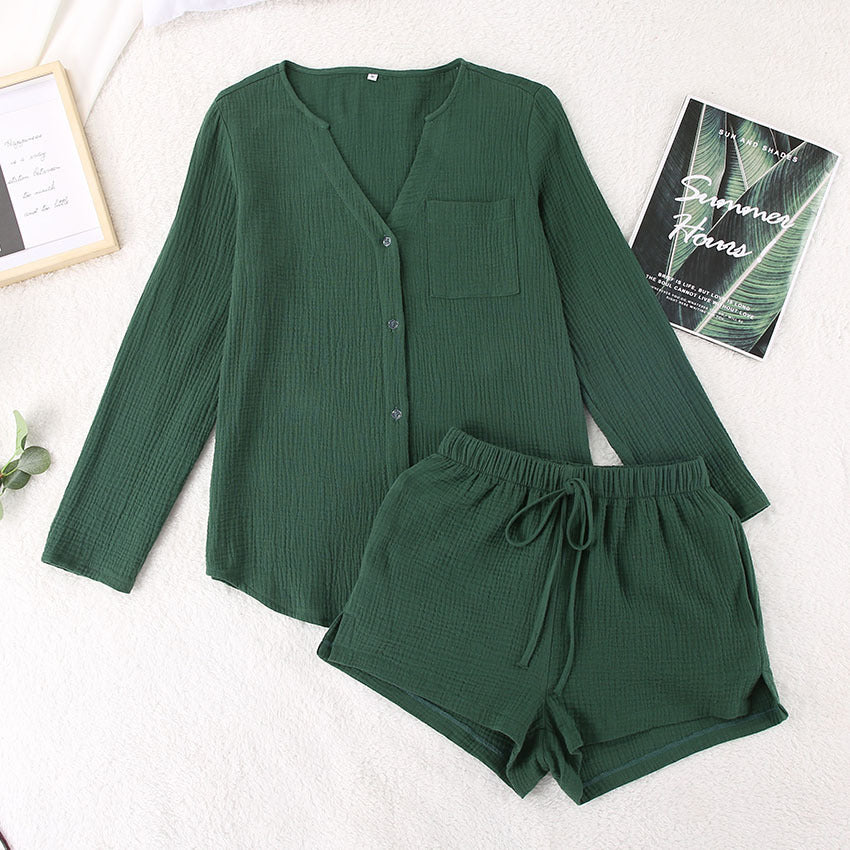 Mit Taschen V-Ausschnitt Leinen-Shorts Pyjama-Set