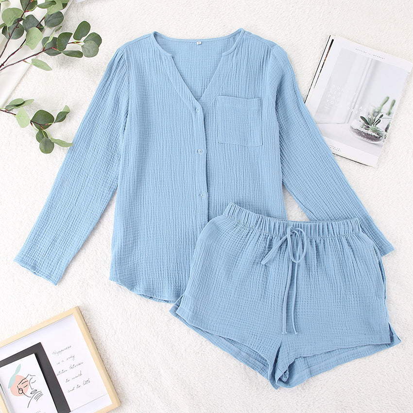 Mit Taschen V-Ausschnitt Leinen-Shorts Pyjama-Set