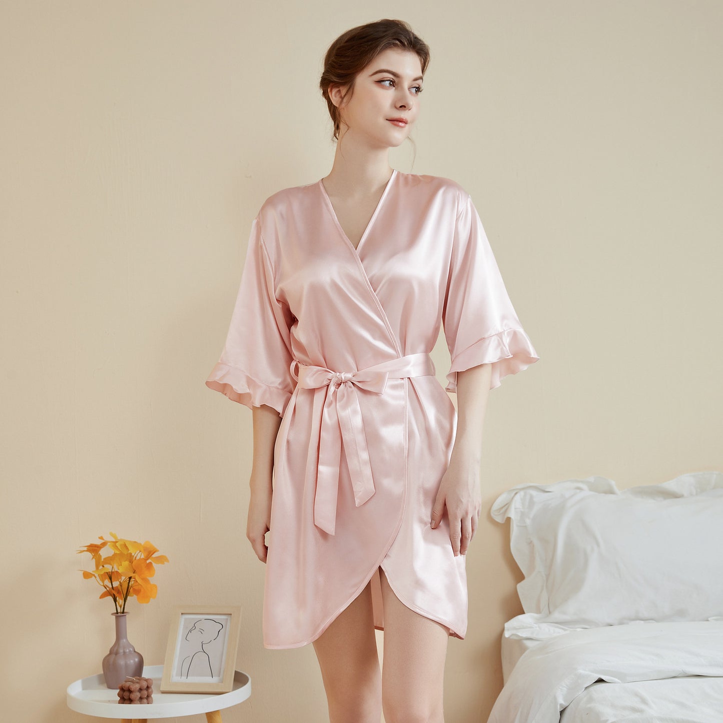 Short Satin Dressing Gown with Flounce Detail