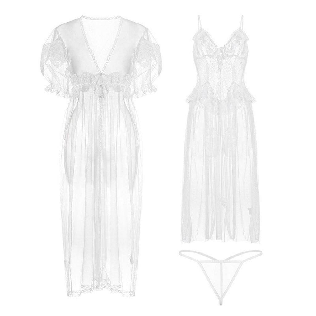 Negligé- und Morgenmantel-Set aus Satin mit Spitzen-Details, tiefem Dekolleté vorne und hinten sowie Spaghettiträgern