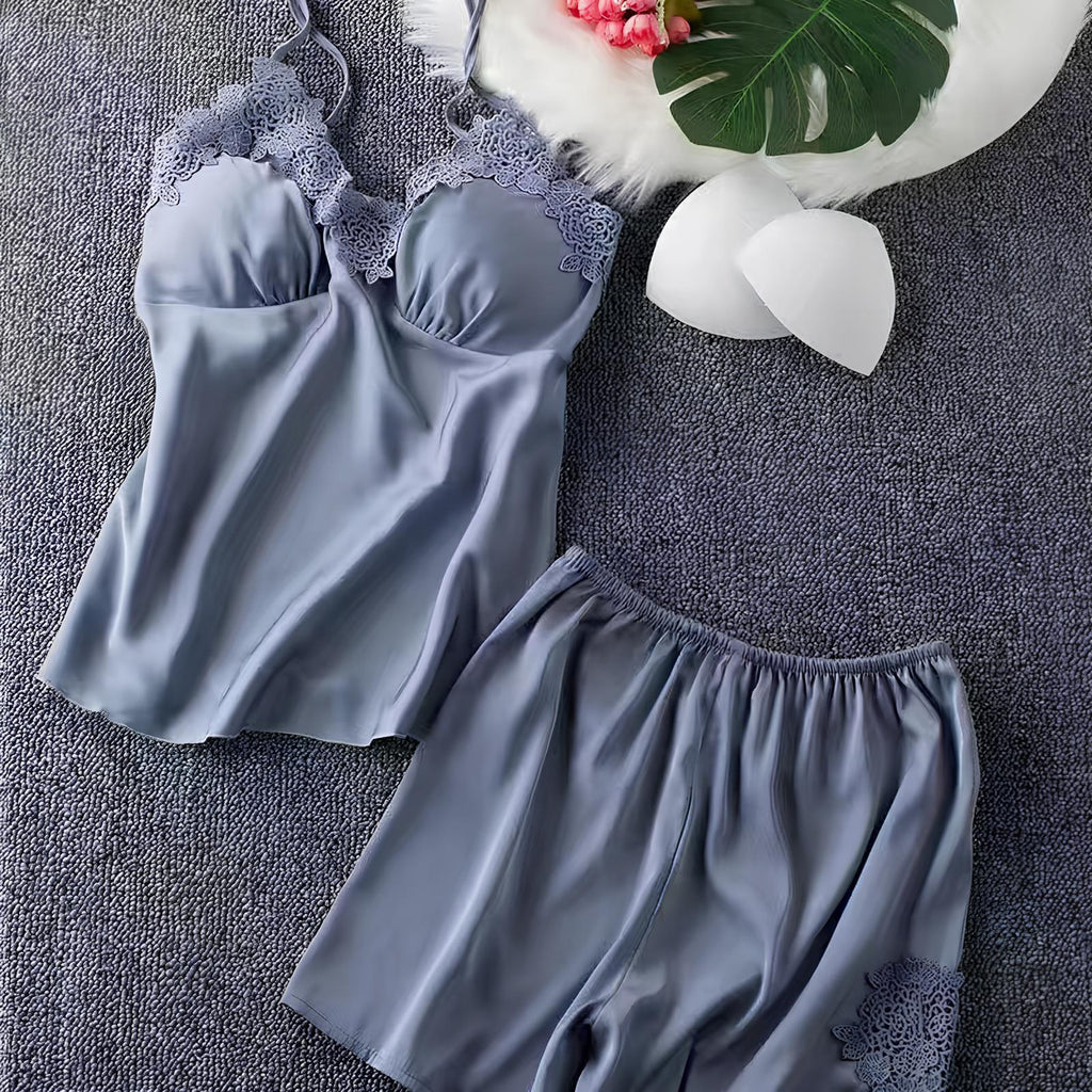 Negligé- und Morgenmantel-Set aus Satin mit Spitzen-Details, tiefem Dekolleté vorne und hinten sowie Spaghettiträgern