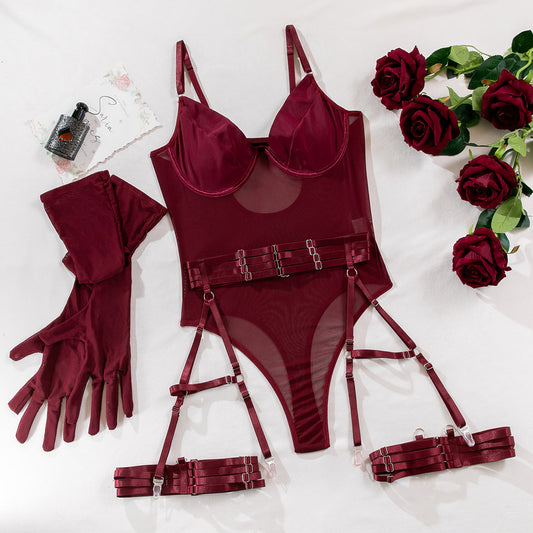 Negligé- und Morgenmantel-Set aus Satin mit Spitzen-Details, tiefem Dekolleté vorne und hinten sowie Spaghettiträgern