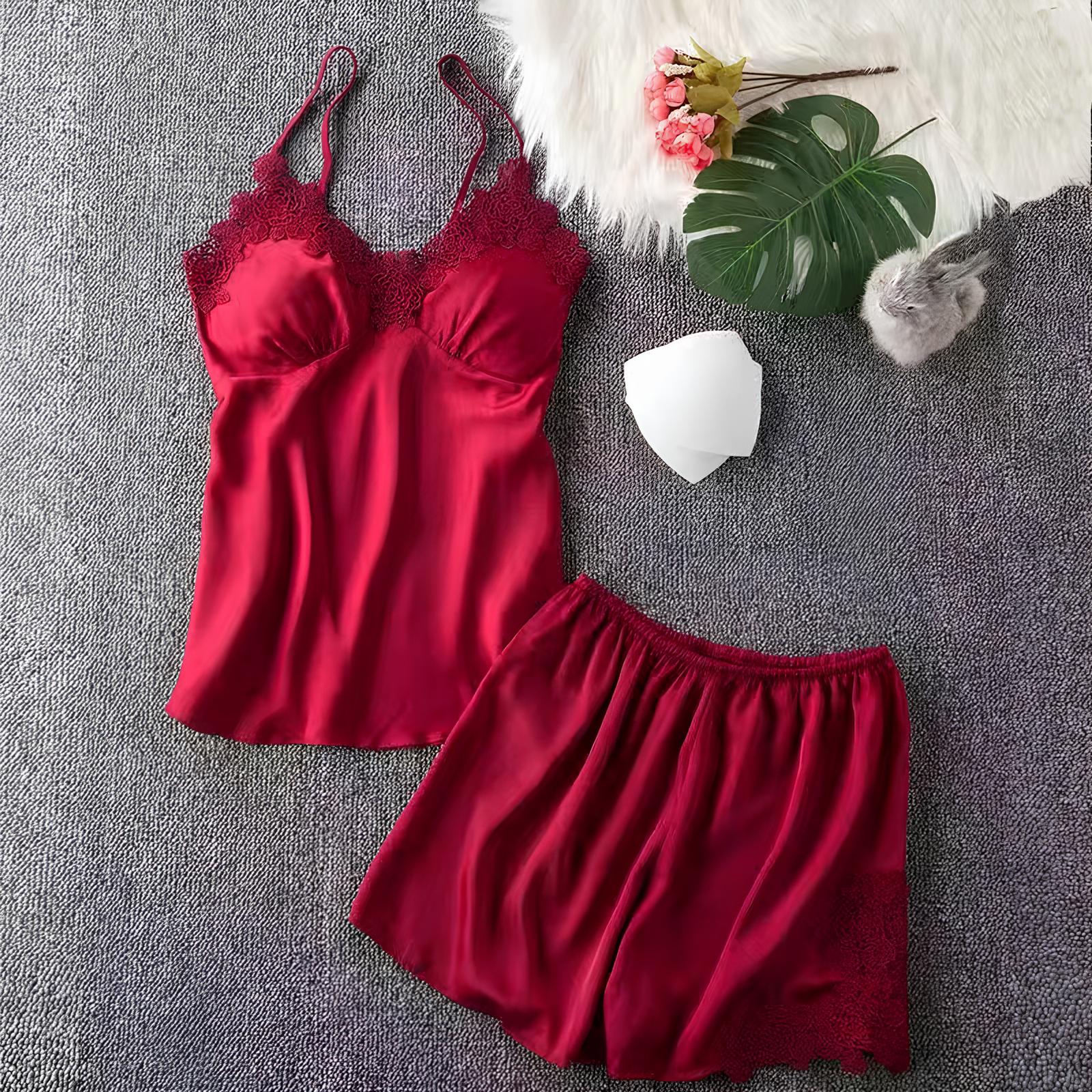 Negligé- und Morgenmantel-Set aus Satin mit Spitzen-Details, tiefem Dekolleté vorne und hinten sowie Spaghettiträgern
