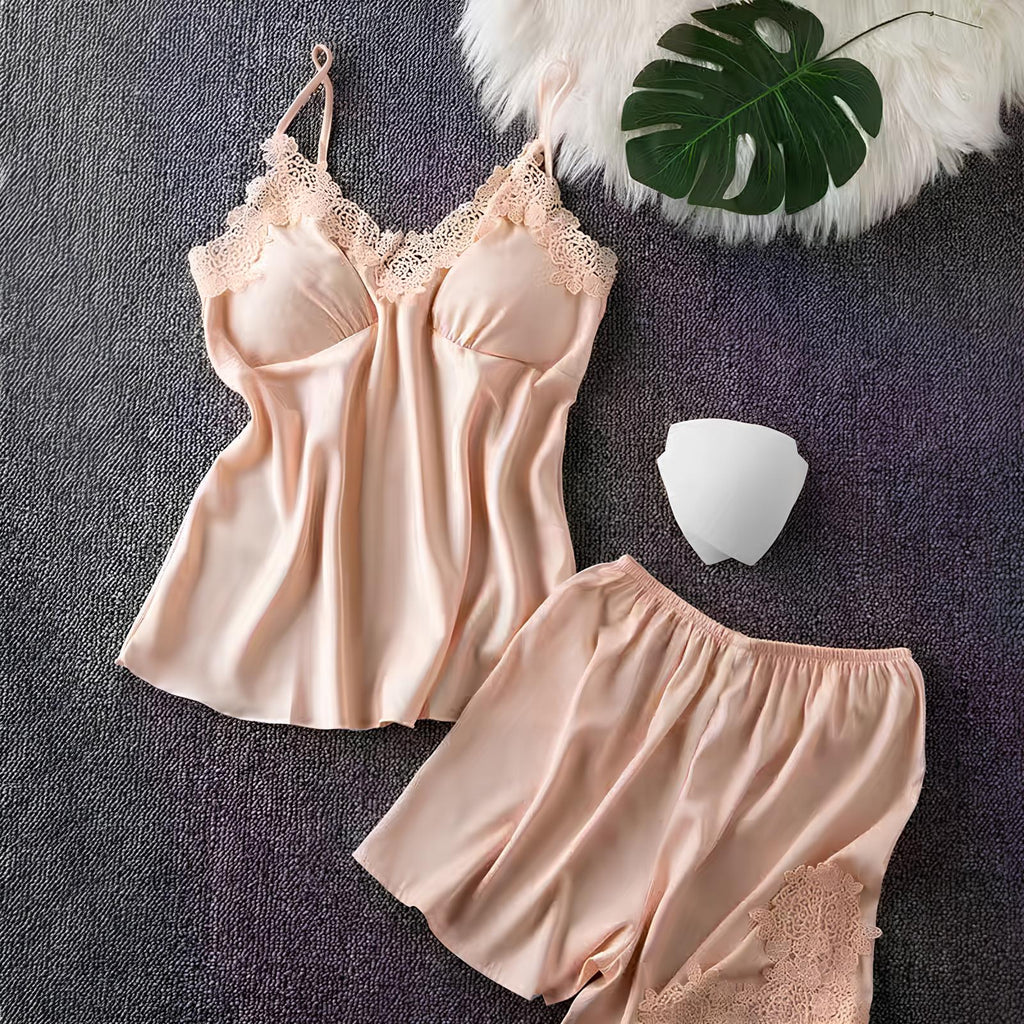 Negligé- und Morgenmantel-Set aus Satin mit Spitzen-Details, tiefem Dekolleté vorne und hinten sowie Spaghettiträgern