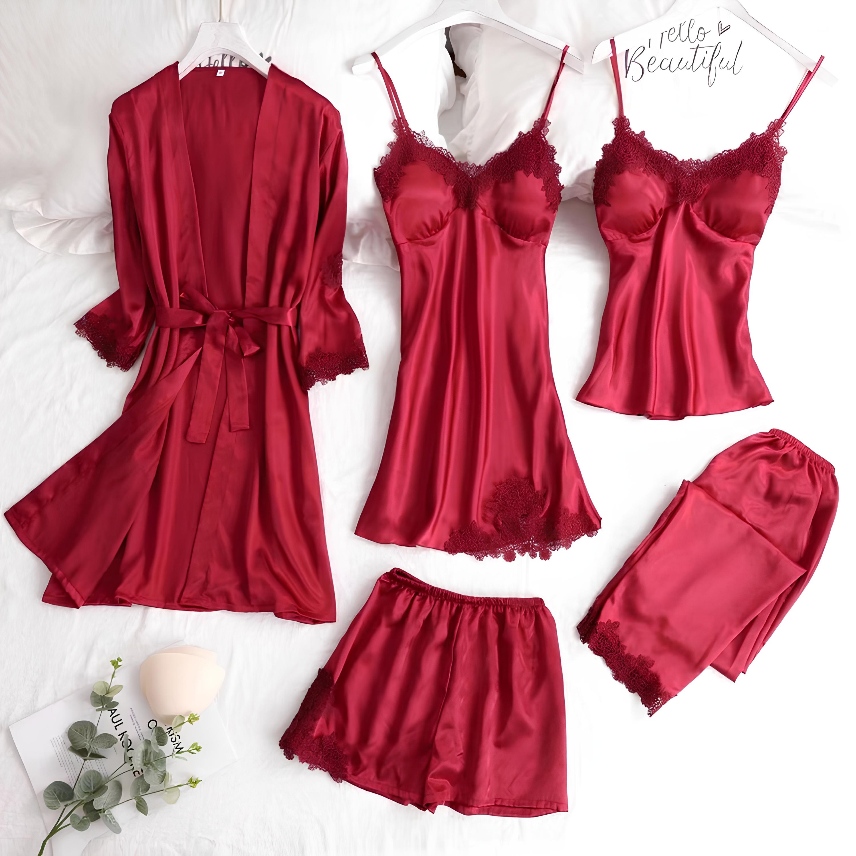 Negligé- und Morgenmantel-Set aus Satin mit Spitzen-Details, tiefem Dekolleté vorne und hinten sowie Spaghettiträgern