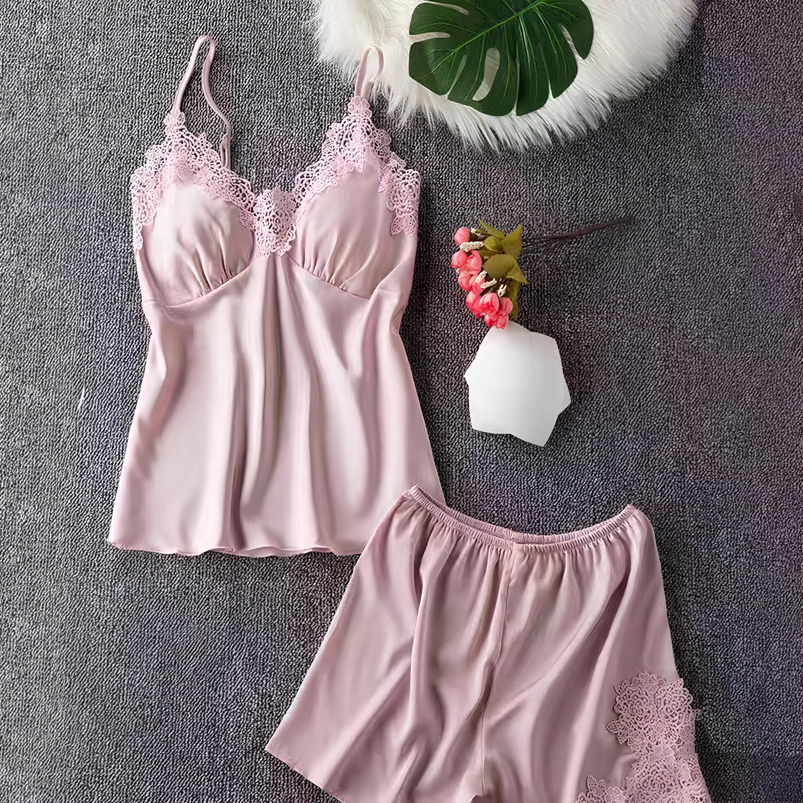 Negligé- und Morgenmantel-Set aus Satin mit Spitzen-Details, tiefem Dekolleté vorne und hinten sowie Spaghettiträgern