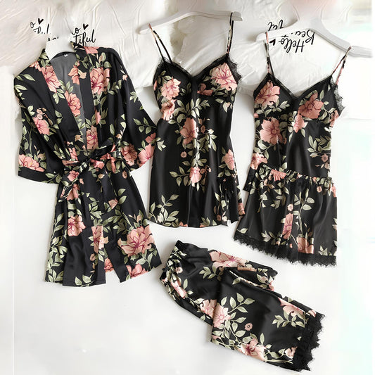 Completo vestaglia e camicia da notte in raso con spalline in corda, dettagli in pizzo sul petto e sulla schiena