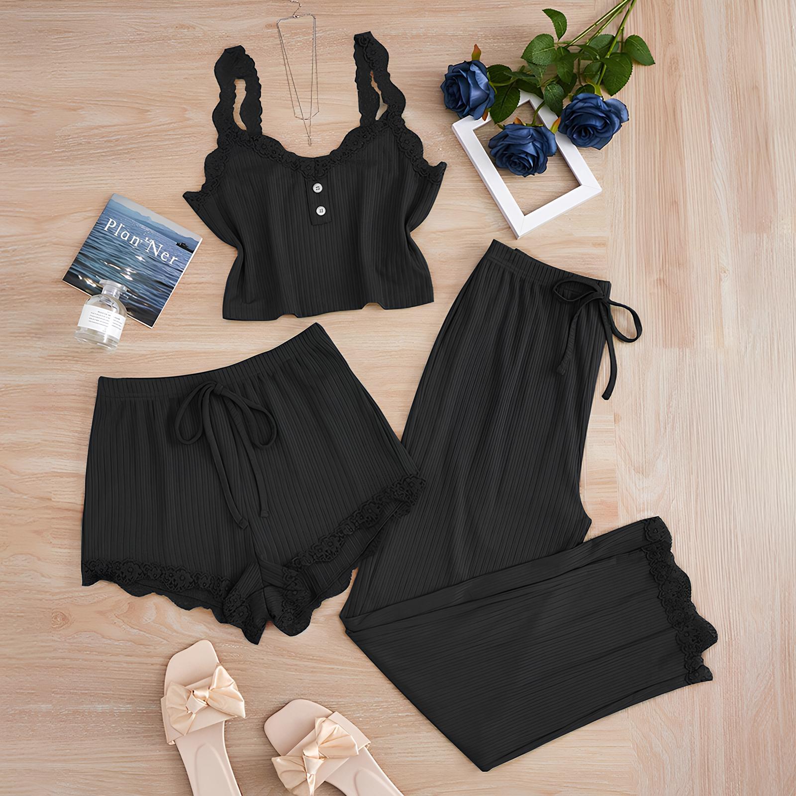Negligé- und Morgenmantel-Set aus Satin mit Spitzen-Details, tiefem Dekolleté vorne und hinten sowie Spaghettiträgern