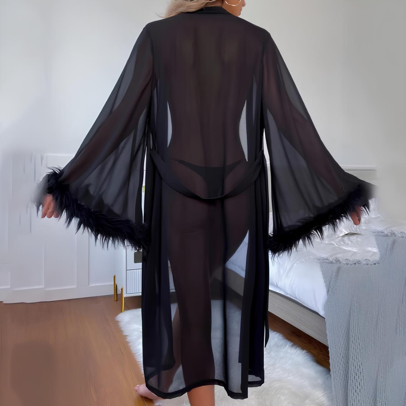 Vestaglia lunga in tulle trasparente con cintura e dettagli in piume - Nero
