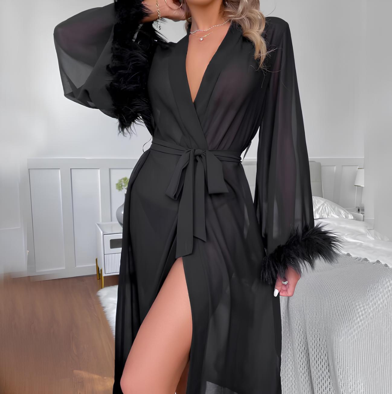 Vestaglia lunga in tulle trasparente con cintura e dettagli in piume - Nero