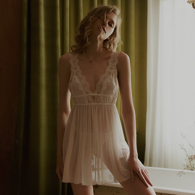 Deep Slit Back Cross Straps Low Cut Satin Nightgown