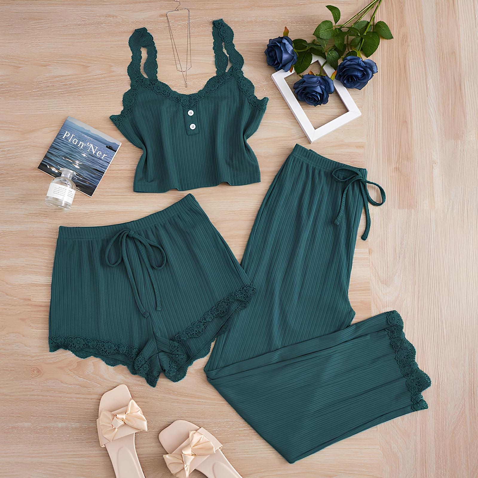 Negligé- und Morgenmantel-Set aus Satin mit Spitzen-Details, tiefem Dekolleté vorne und hinten sowie Spaghettiträgern