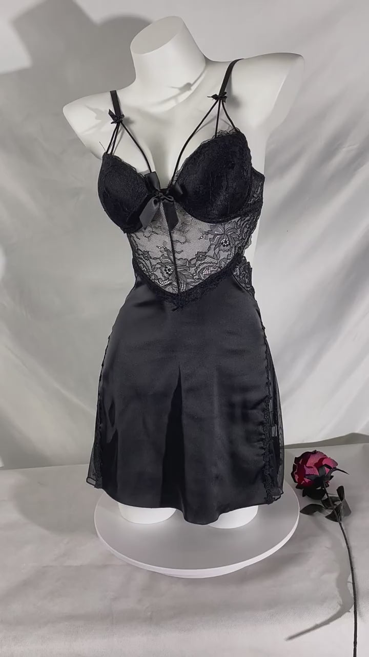 Thin Strap Bow and Lace Detailed Satin Nightgown and Dressing Gown Set